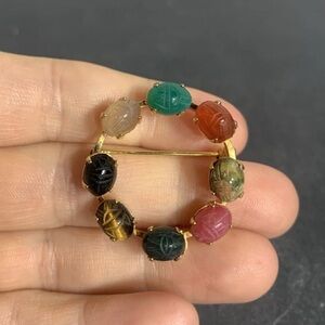 Vintage Egyptian revival carved scarab gold filled brooch with gemstones